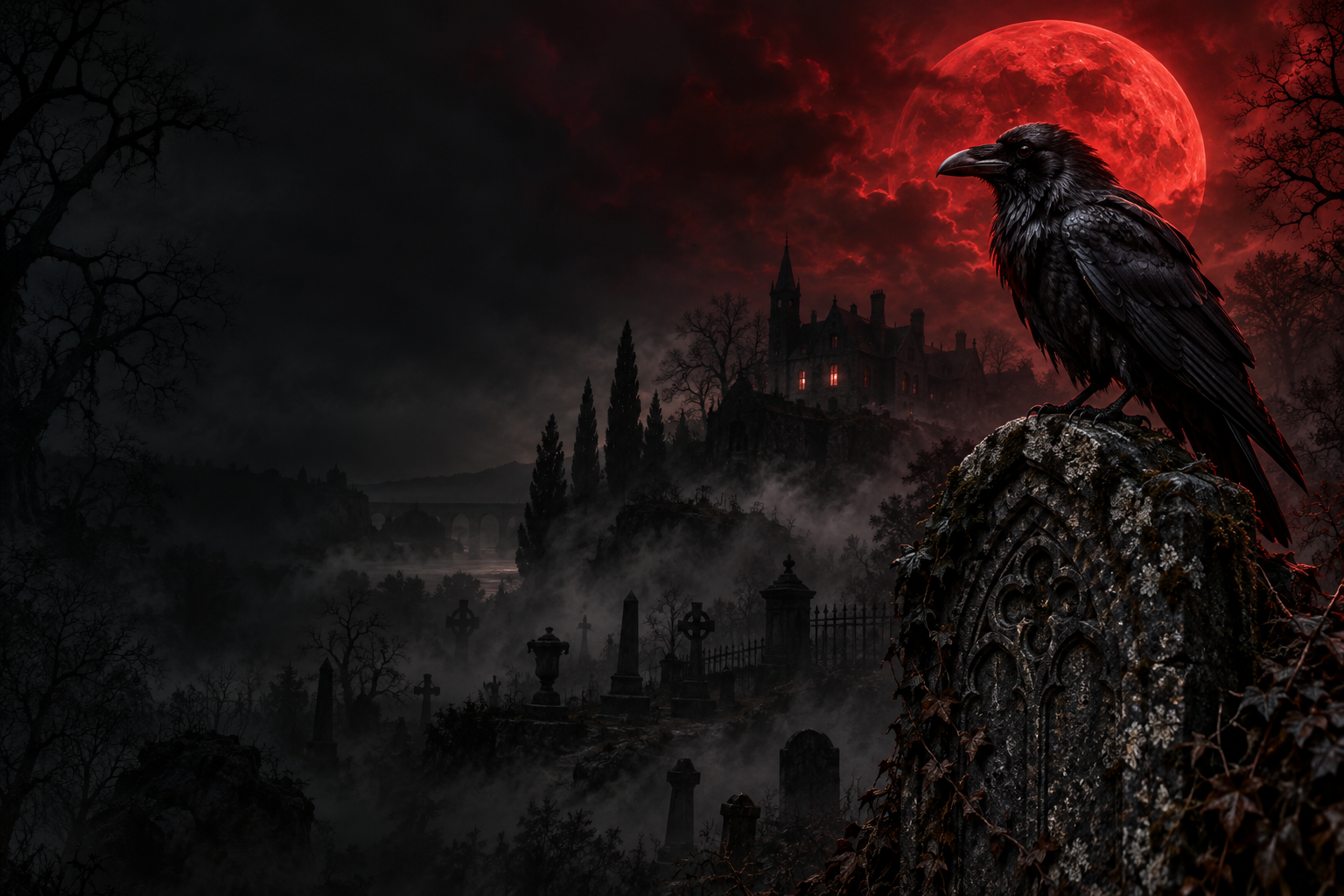 A raven beneath a red moon overlooking a misty gothic cemetery